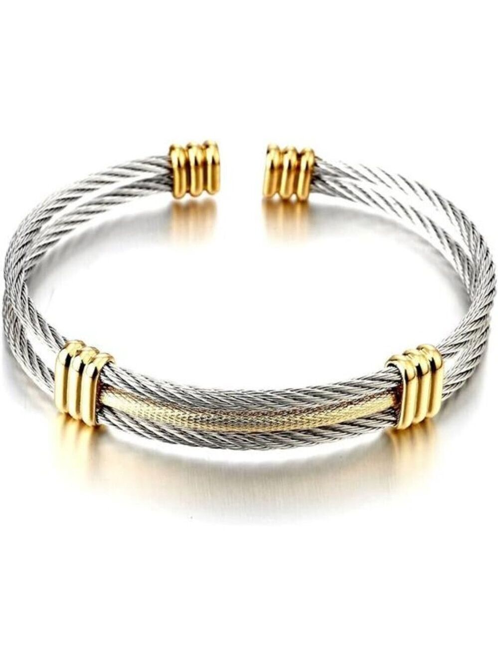 Stainless steel cuff bracelet silver gold twisted cable adjustable bangle